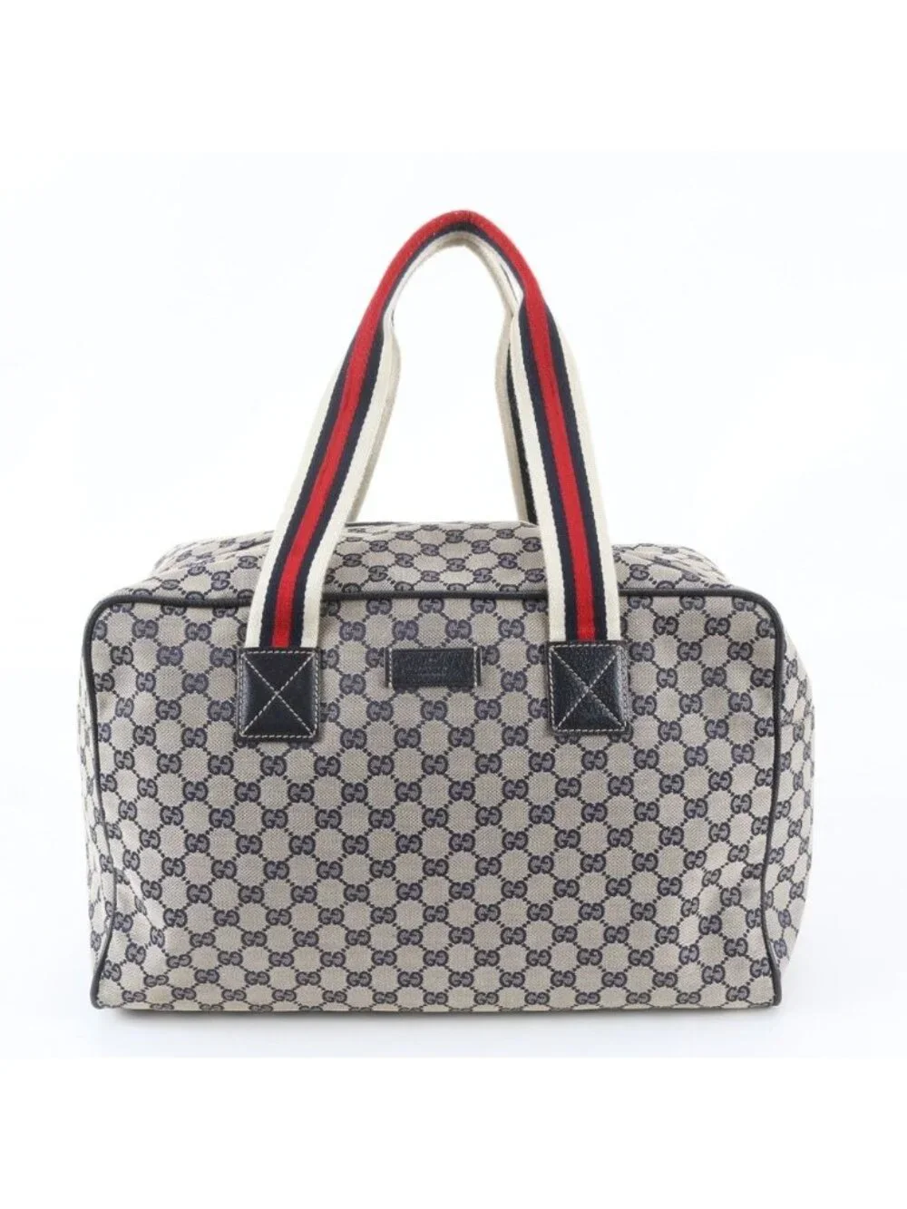 Gucci GG Canvas Leather Boston Bag Tote Carry Navy